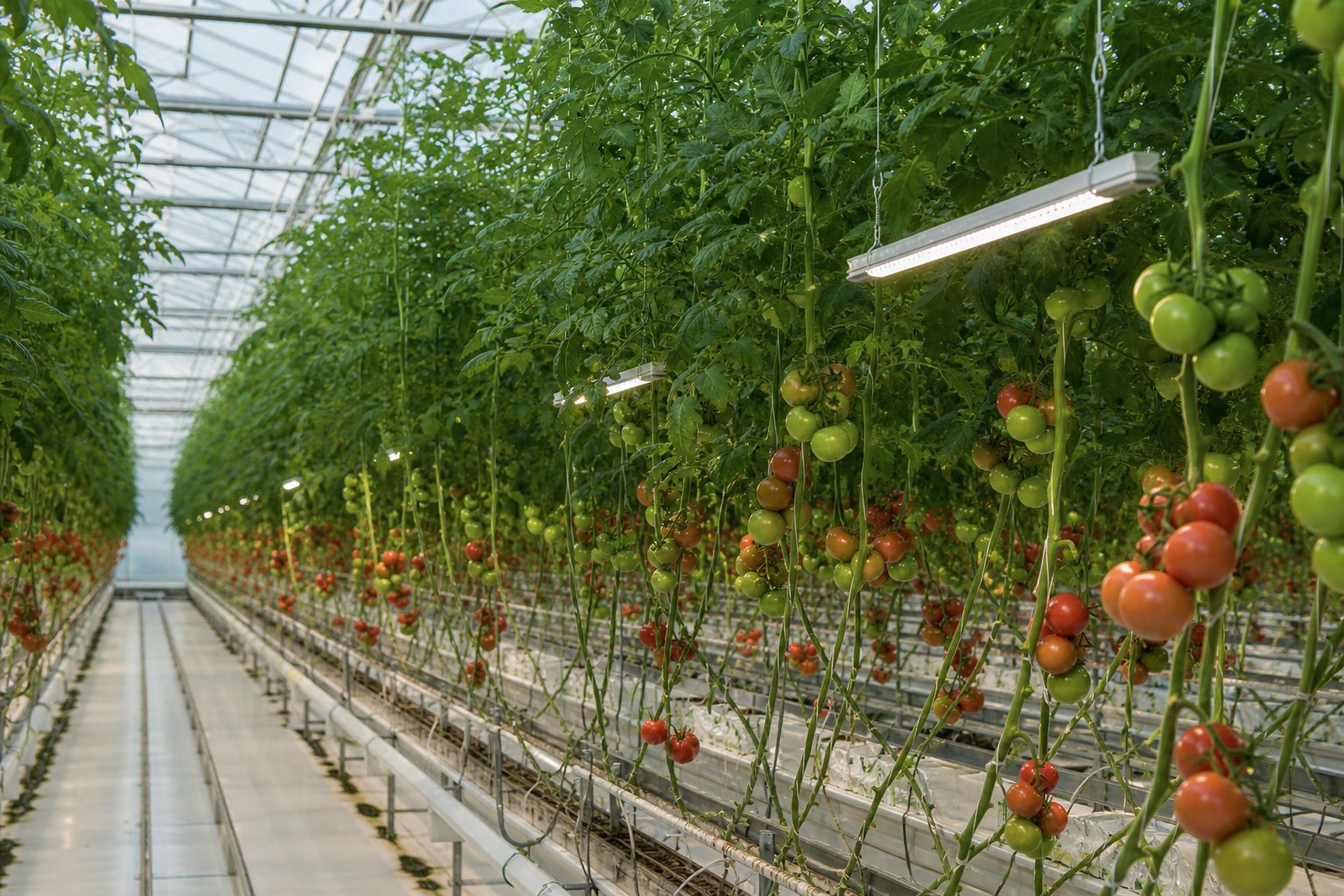 LED interlighting modules suspended within rows of greenhouse tomato plants