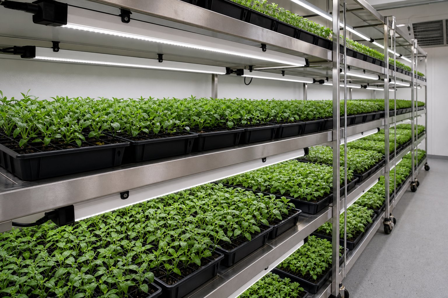 Commercial multi-tier propagation racks illuminated by low-profile LED grow light bars