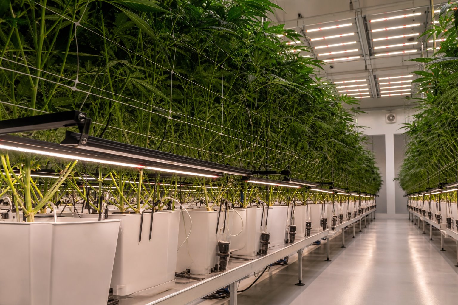 Commercial cultivation room with linear LED lights installed below a dense plant canopy