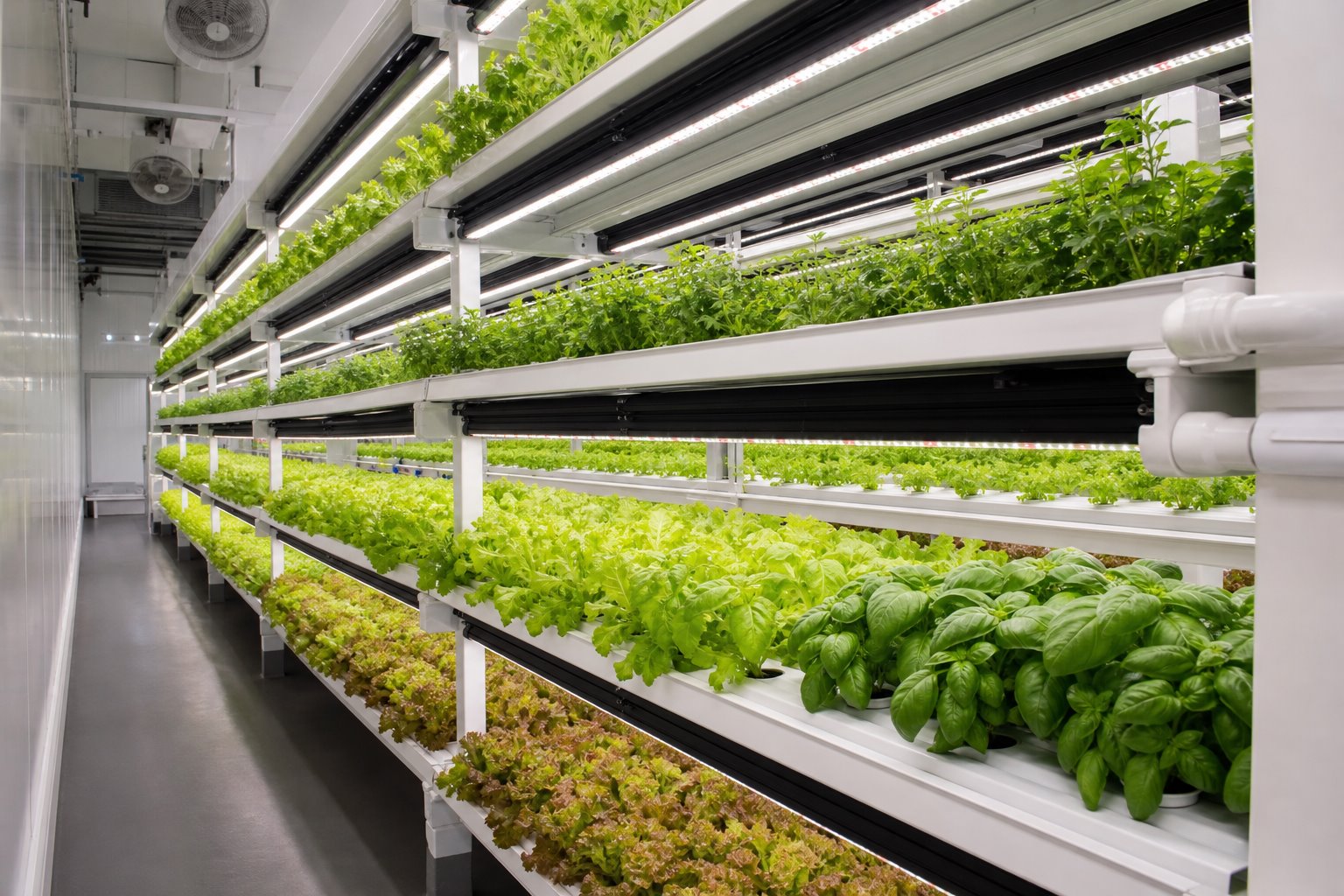 Multi-tier vertical farm with linear LED fixtures above lettuce and herbs